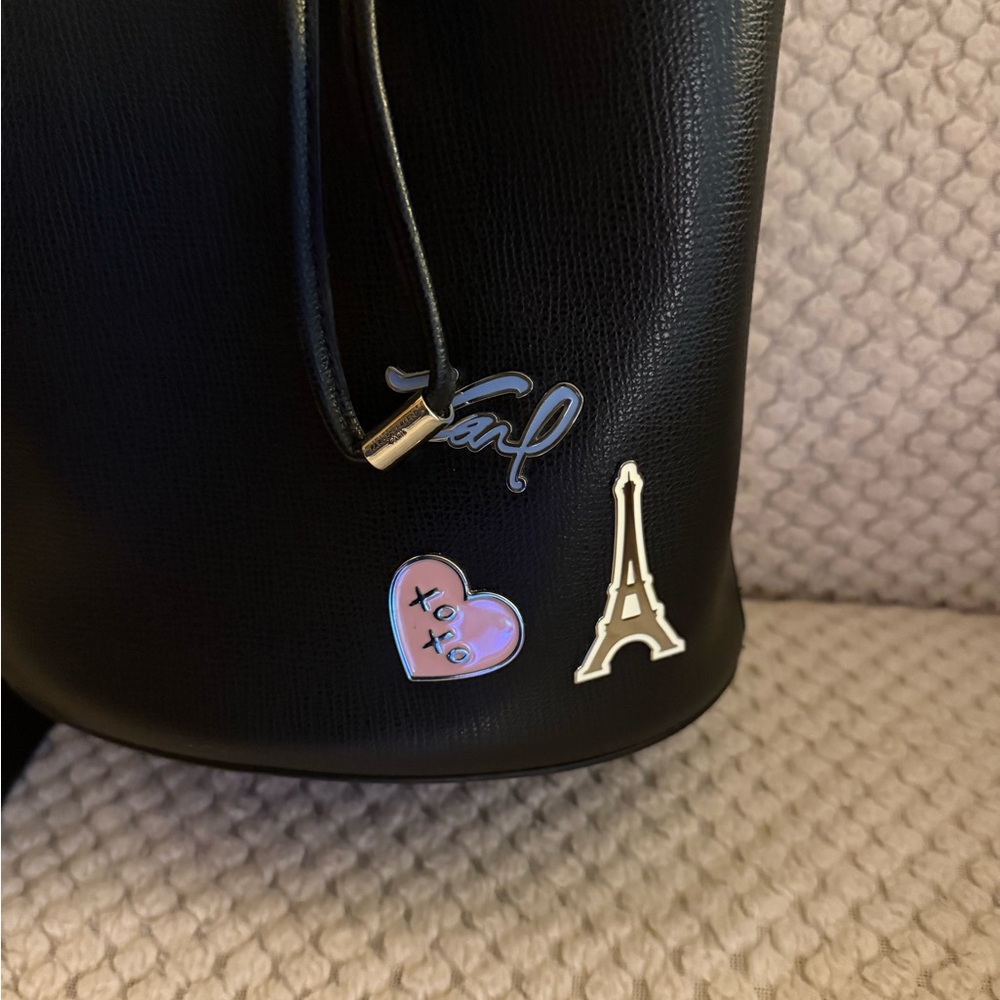 Karl Lagerfeld Black Bucket Bag with Pink Heart and Eiffel Tower Charms - Picture 2 of 5